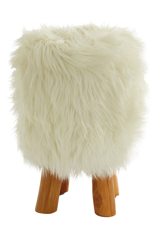 Lotus White Faux Fur Round Footstool