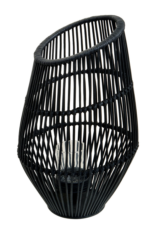 India Large Black Natural Rattan Lantern Candle Holder | Bali & Blue