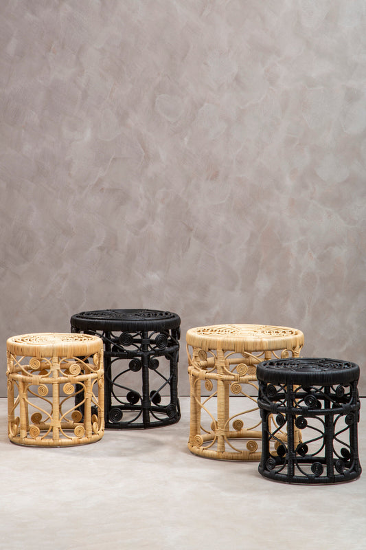 India Set of 2 Natural Rattan Boho Side Tables