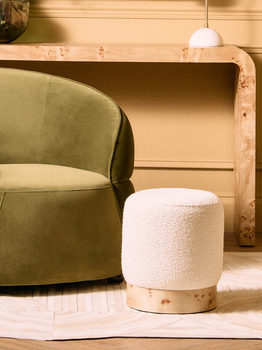 Aspen Burl Wood and Cream Boucle Round Footstool