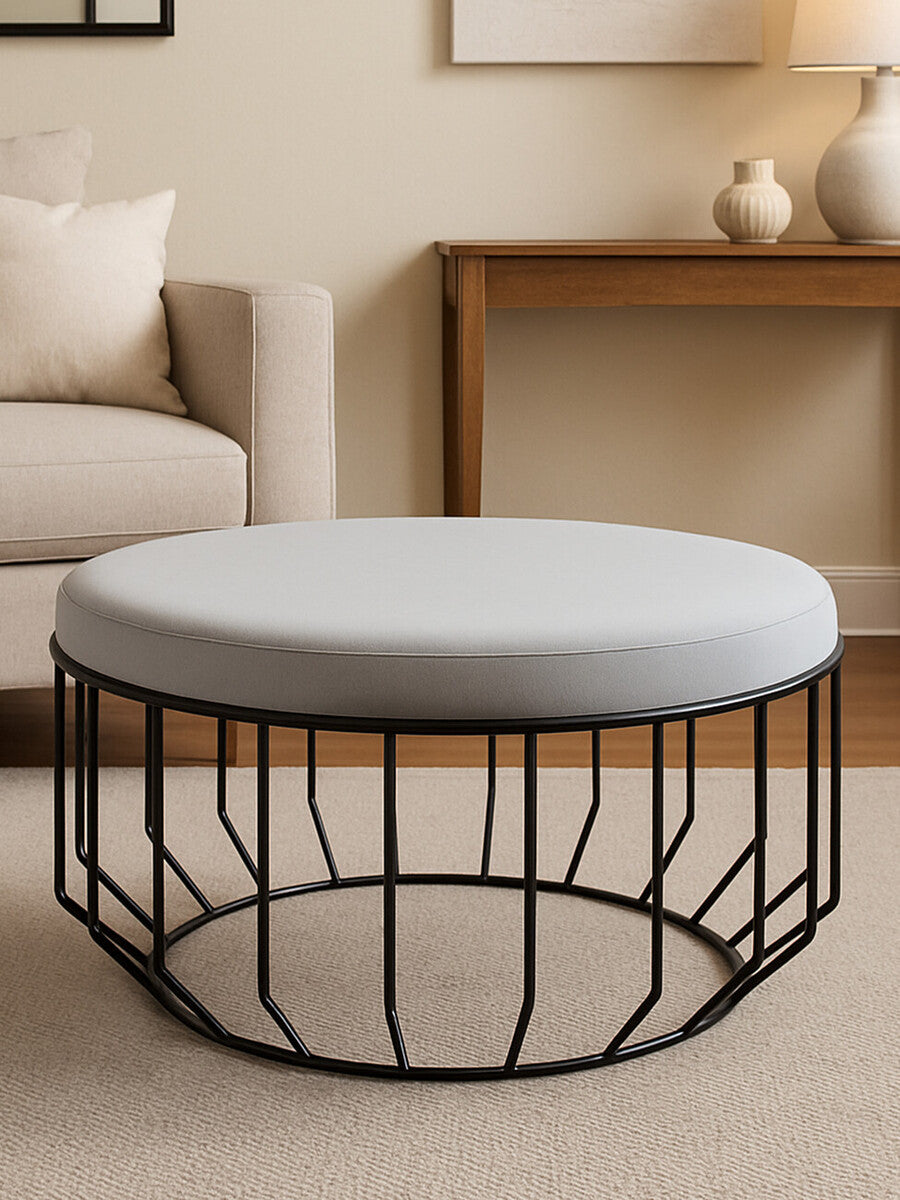 Liam Round Grey Velvet and Black Metal Large Footstool