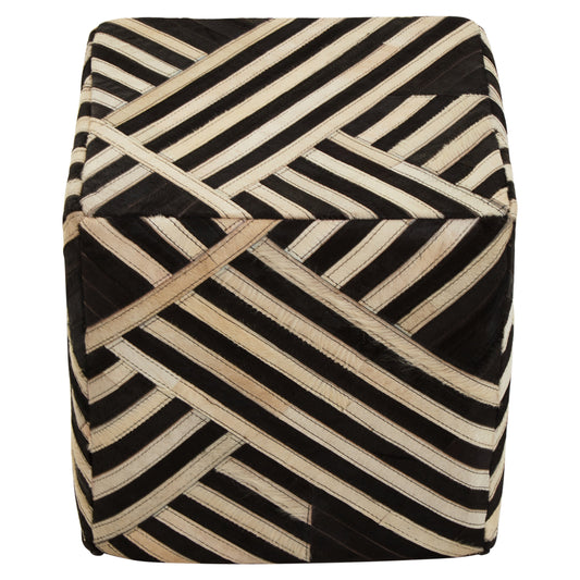 Africana Black White Striped Leather Pouffe