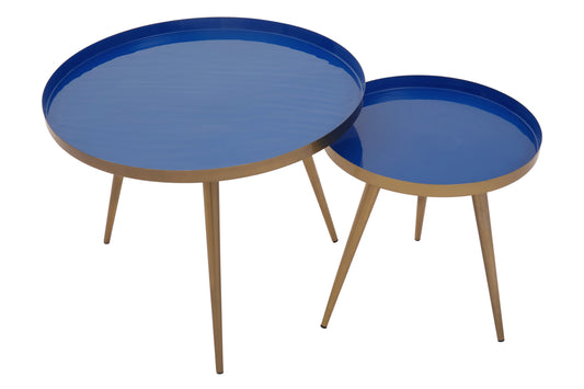 Marina Blue Enamel Gold Nest of Two Side Tables