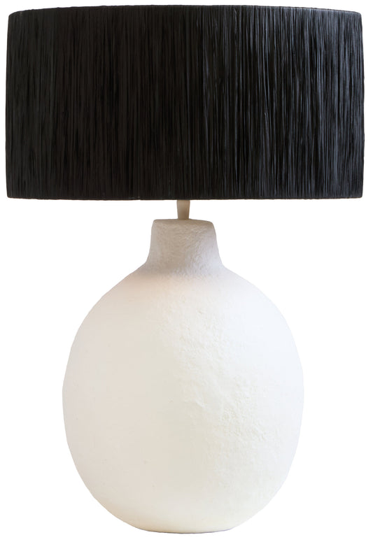 Mono White Papier Mache Table Lamp With Black Raffia Shade