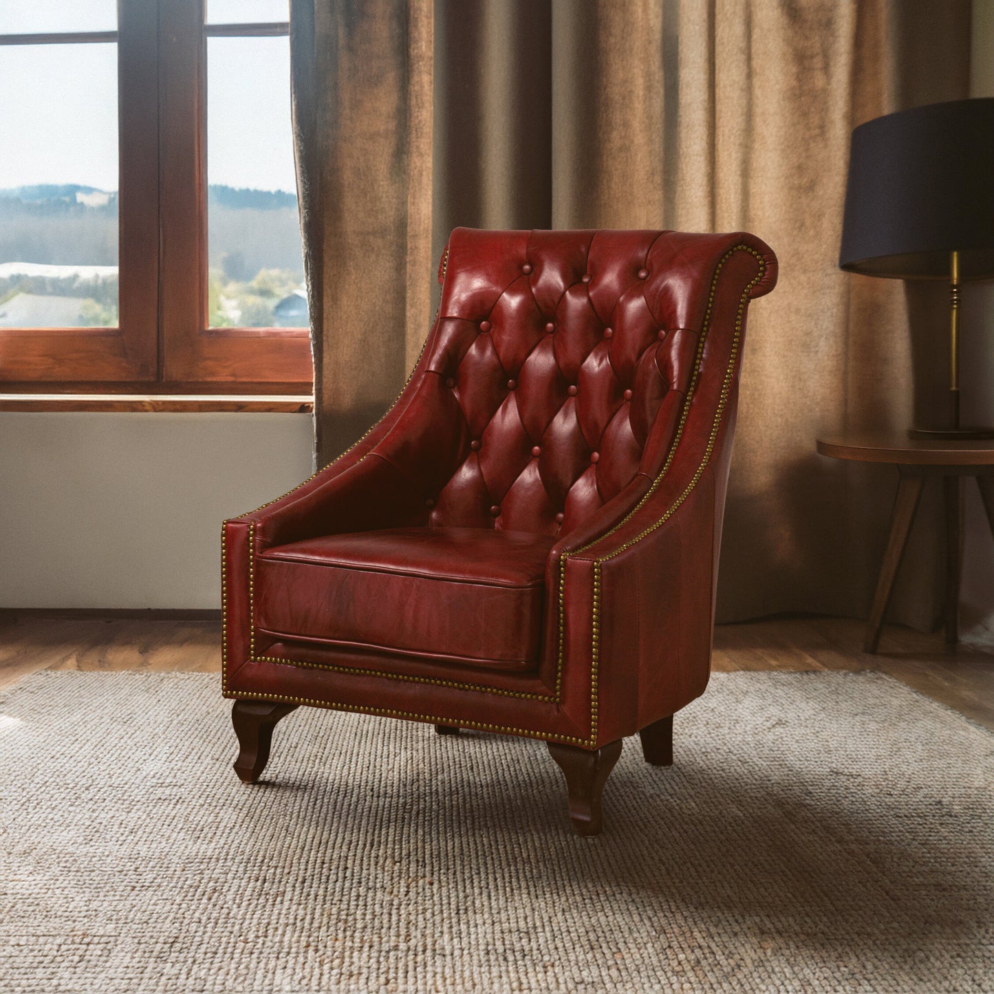 Speakeasy Deep Red Leather Lounge Chair with Buttoned Back