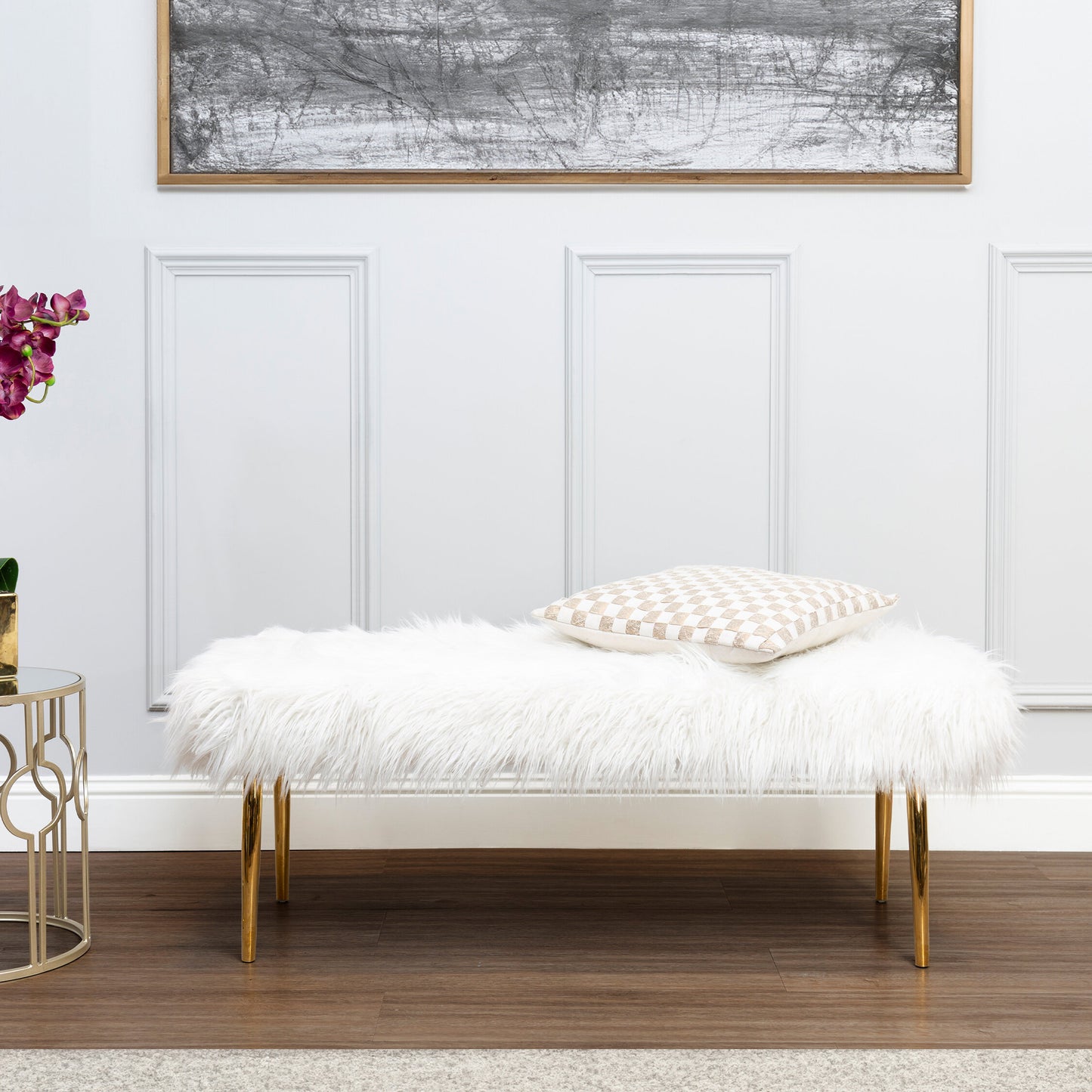 Heidi Fur Effect Bench with Gold Legs