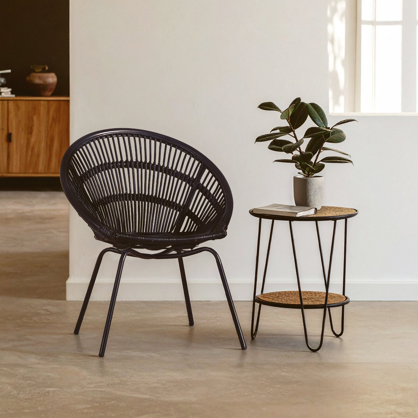 Napa Black Rattan Boho Accent Chair with Iron Legs