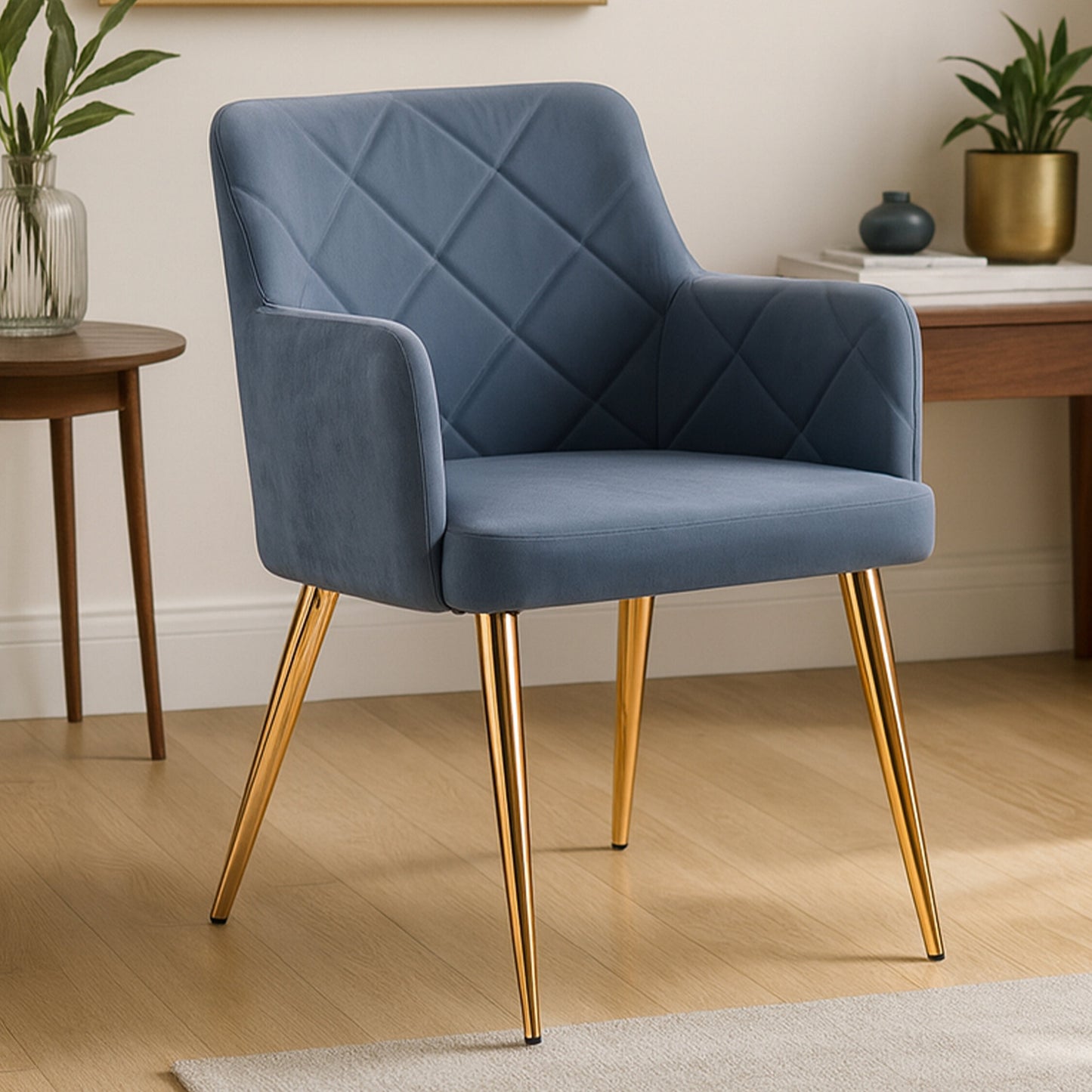Lorena Dark Grey Leather Effect Quilted Dining Chair with Gold Metal Legs