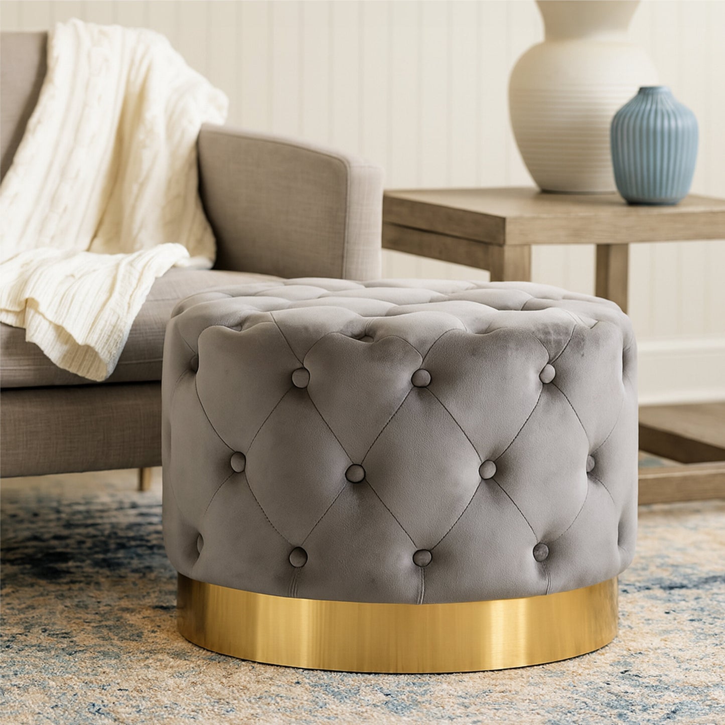 Marylin Grey Velvet Footstool with Matt Gold Metal Base
