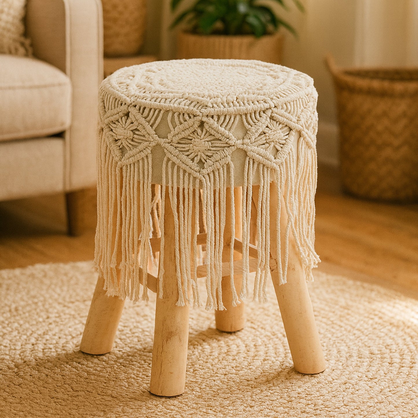 Gigi Natural Wood Boho Woven Seat Footstool
