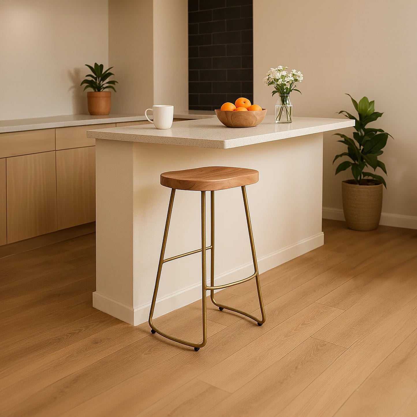 Jersey Acacia Wood and Antique Brass Bar Stool