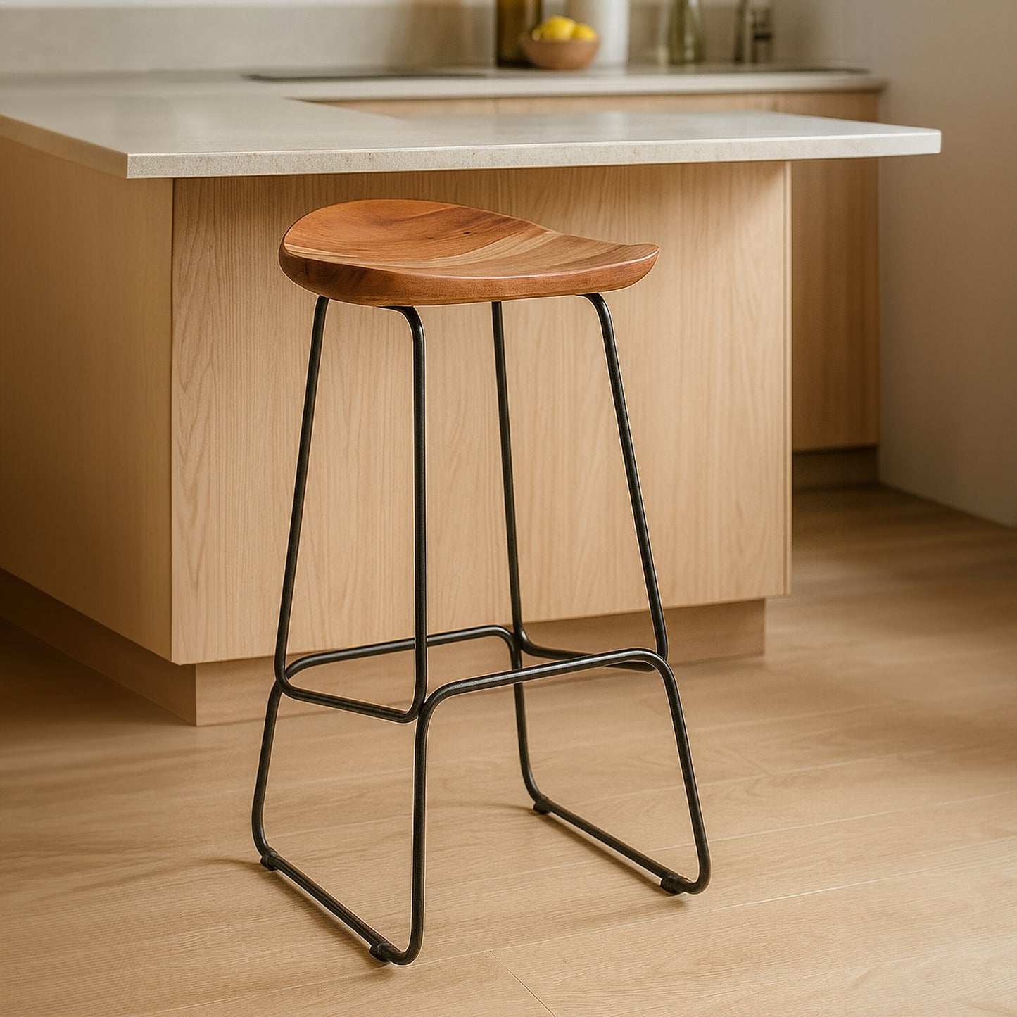Jersey Acacia Wood and Black Frame Bar Stool
