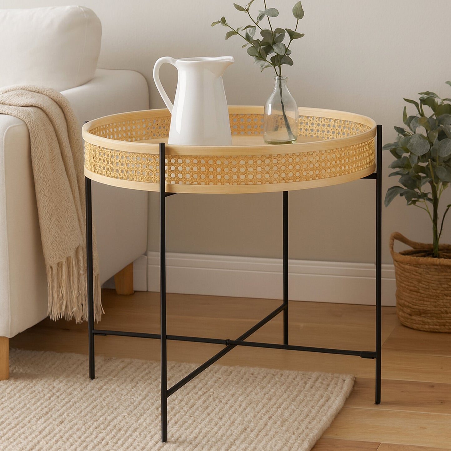 Indy Rattan Coffee Table With Cross Metal Base