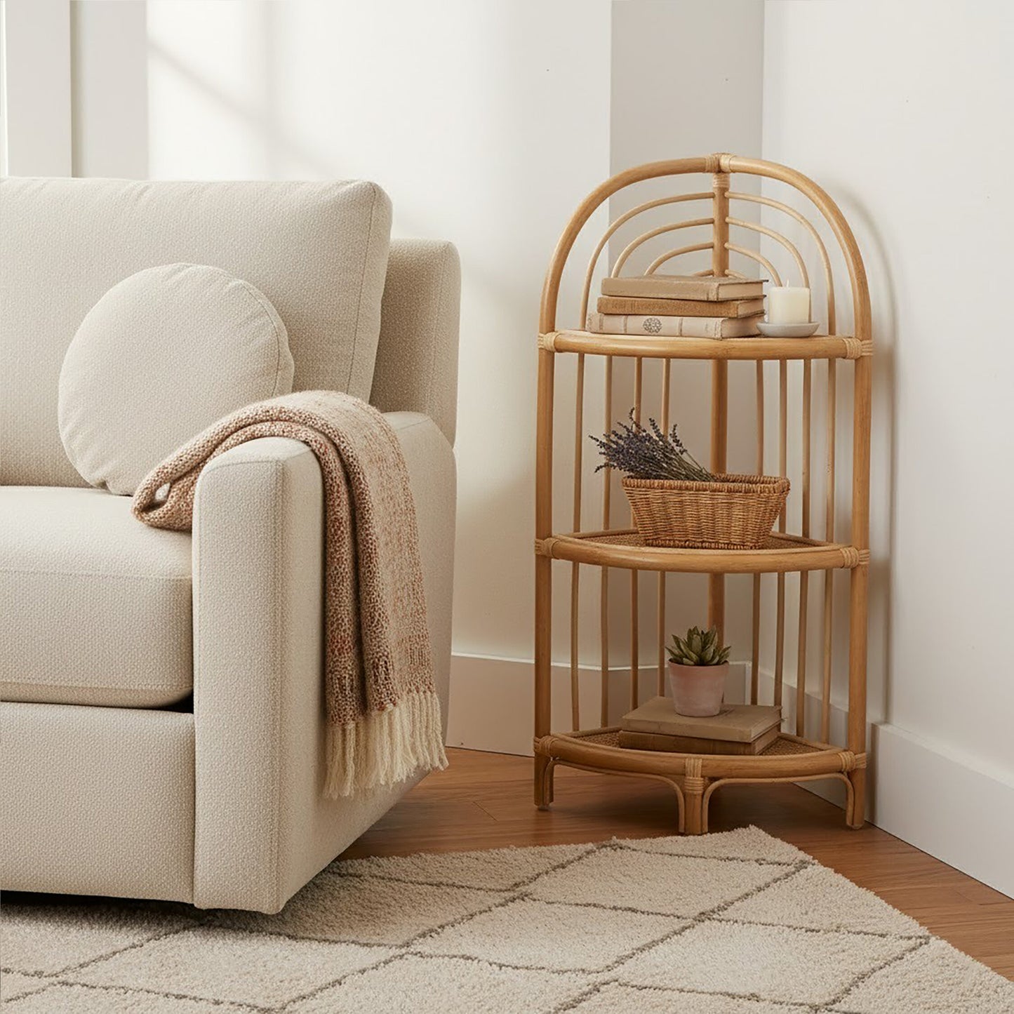 India 3 Tier Natural Rattan Corner Shelf Unit