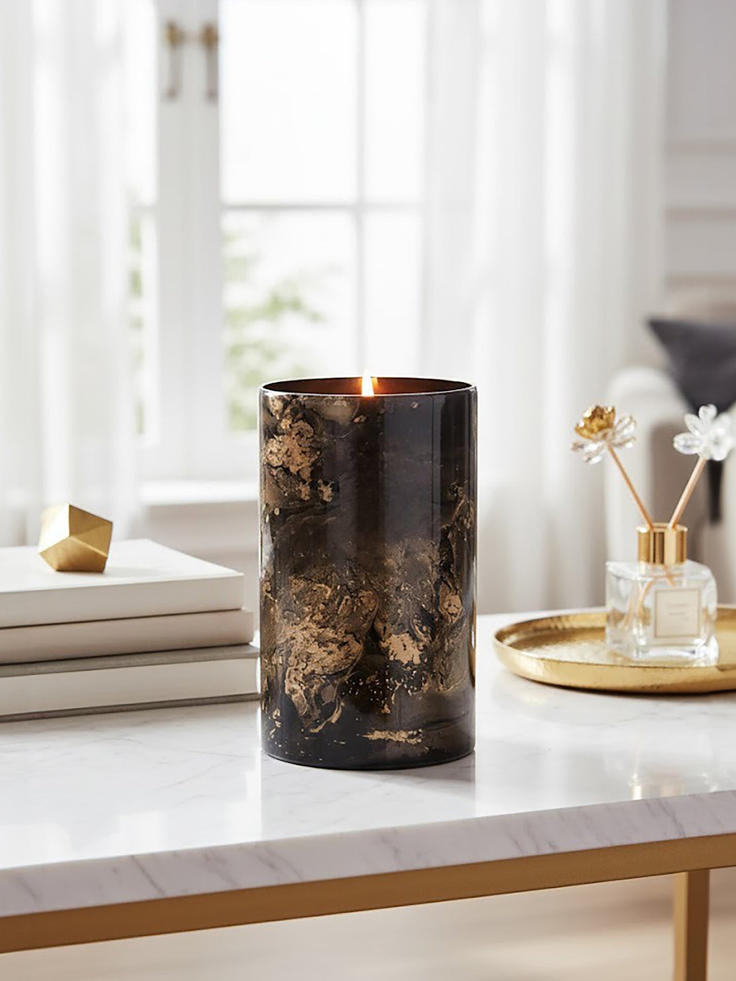 Luxe Decor Large Black Gold Marble Glass Candle Holder