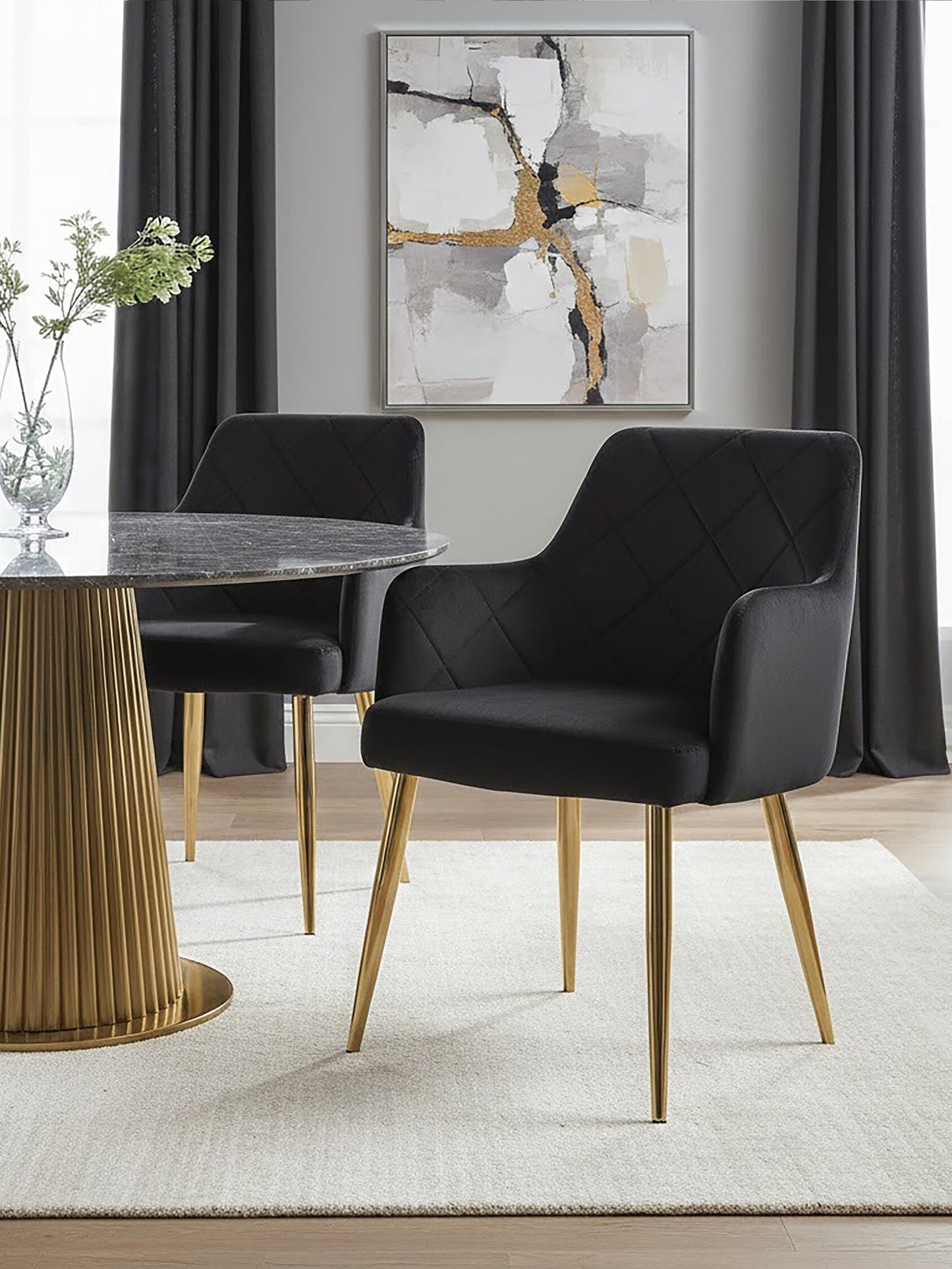 Lorena Black Velvet Quilted Dining Chair with Gold Finish Legs