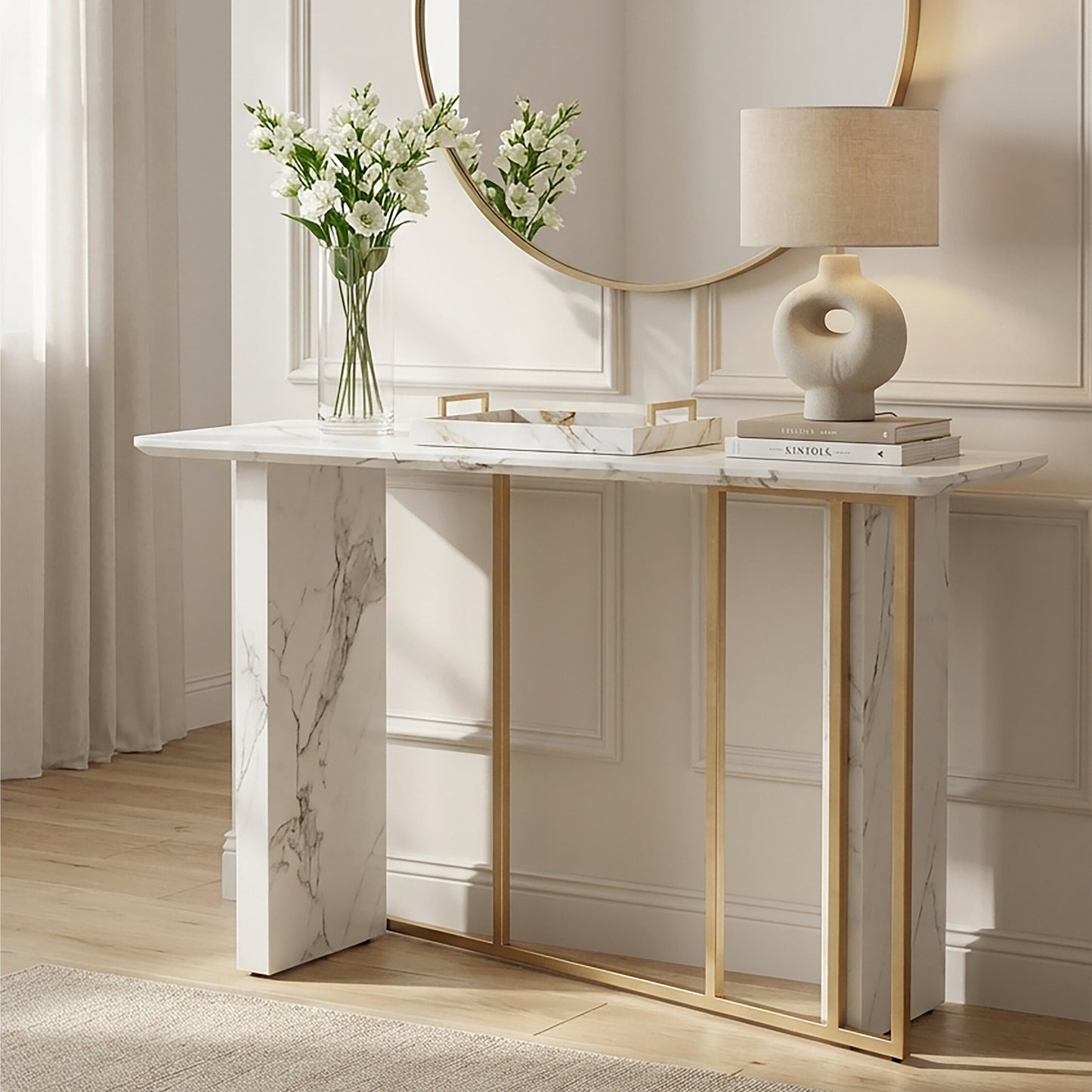 Santorini White Marble Effect Gold Console Table
