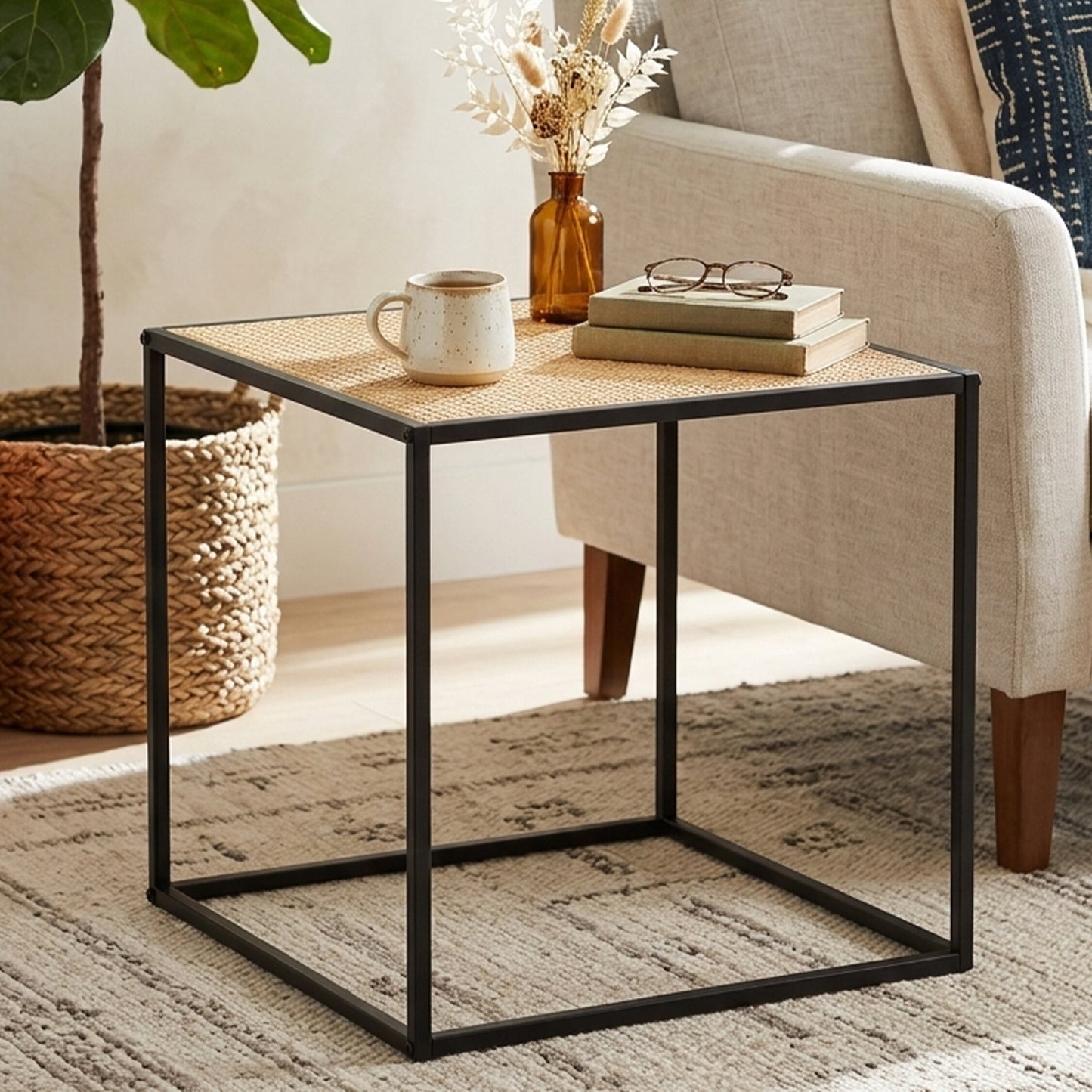 Indy Natural Rattan Industrial Square Side Table