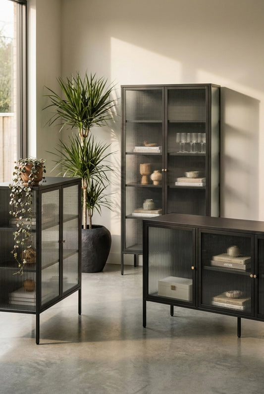 Hudson Industrial Black Metal and Fluted Glass Door Tall Cabinet | Bali & Blue