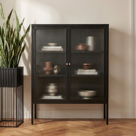 Hudson Industrial Black Metal and Fluted Glass Door Cabinet