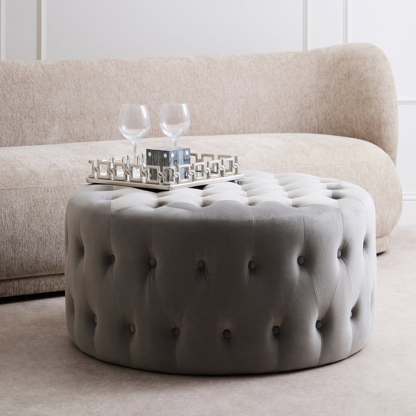 Lafayette Grey Velvet Round Tufted Footstool