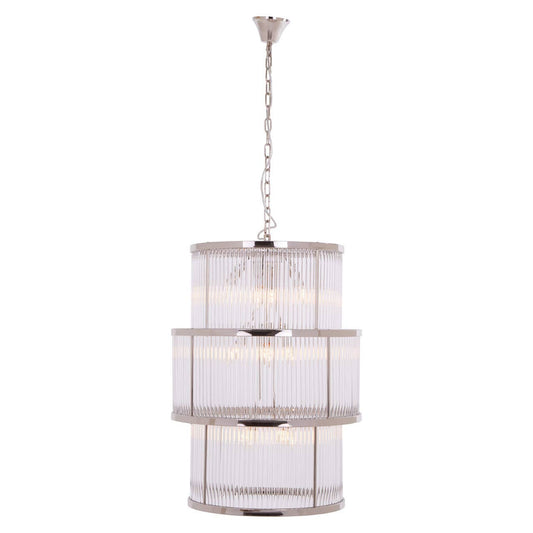 Deco Large Nickel Glass 3 Tier Chandelier