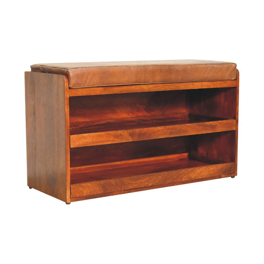 Vintage Style Buffalo Leather Pull Out Shoe Bench - Chestnut