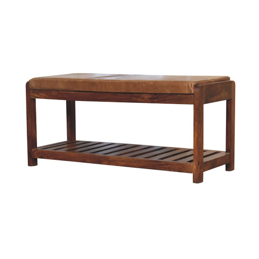 Vintage Style Buffalo Leather Slatted Hallway Bench - Large