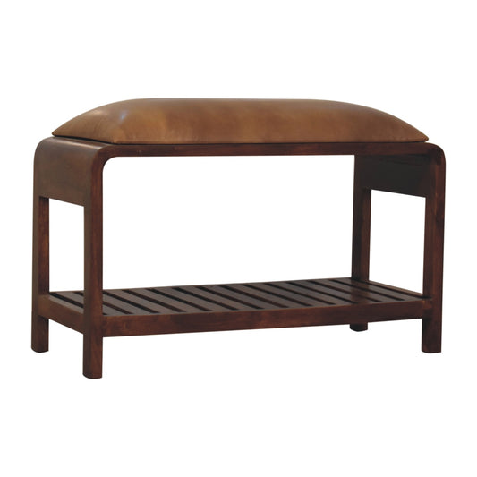 Vintage Style Buffalo Leather Square Slatted Bench