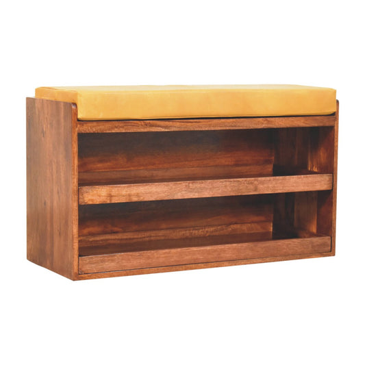 Vintage Style Buffalo Leather Shoe Storage Bench - Honey Caramel