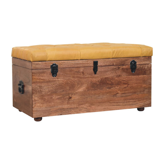 Soho Buffalo Hide Leather Wooden Storage Trunk - Honey Caramel - Almond