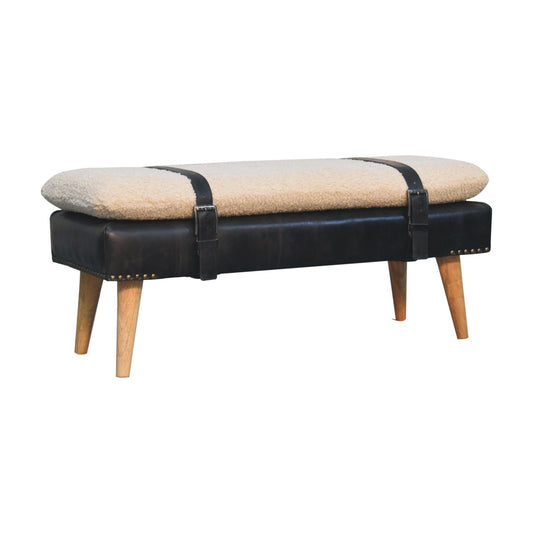 Dallas Vintage Style Buffalo Leather Boucle Bench Seat- Black