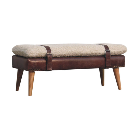 Dallas Vintage Style Buffalo Leather Boucle Bench - Brown