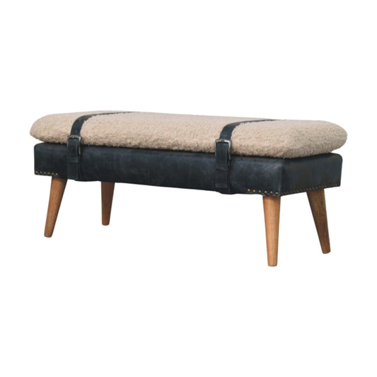 Dallas Vintage Style Buffalo Leather Boucle Bench - Black