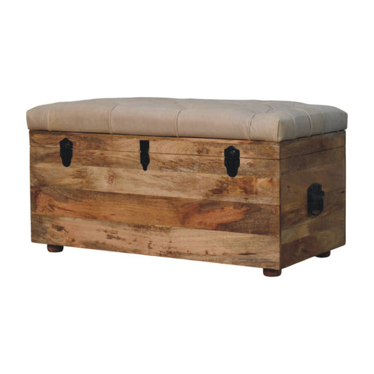 Soho Buffalo Hide Leather Wooden Storage Trunk - Beige - Oak