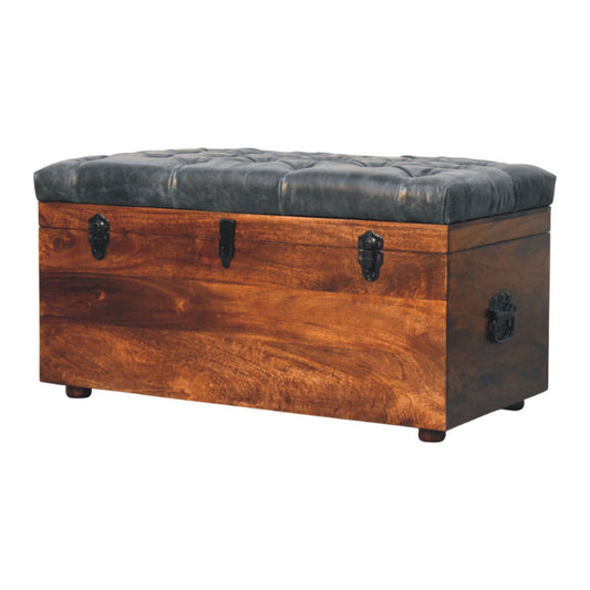 Soho Buffalo Hide Leather Wooden Storage Trunk - Ash Black - Walnut