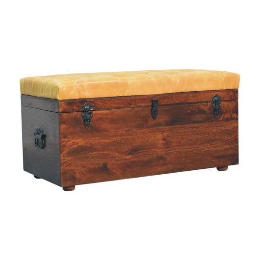 Soho Buffalo Hide Leather Wooden Storage Trunk - Tan - Walnut