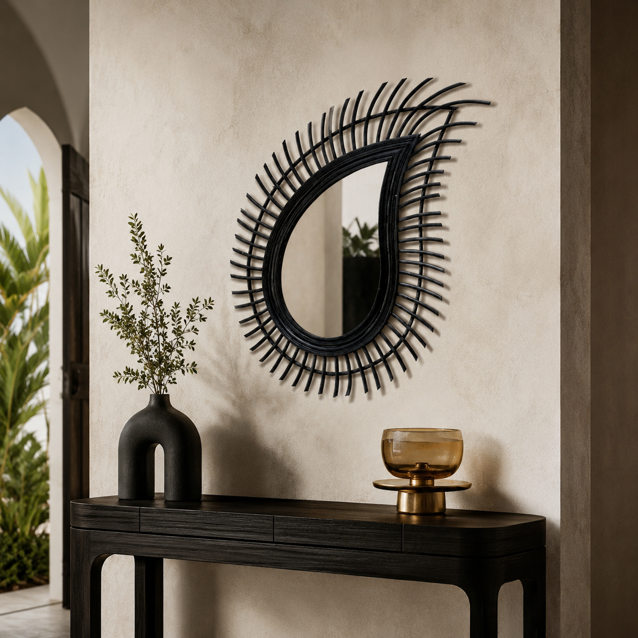 India Boho Black Rattan Teardrop Wall Mirror
