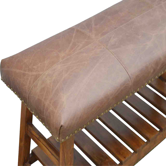 Soho Brown Leather Hallway Bench with Brass Studding