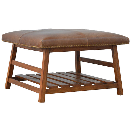 Soho Brown Leather Square Footstool with Brass Studding