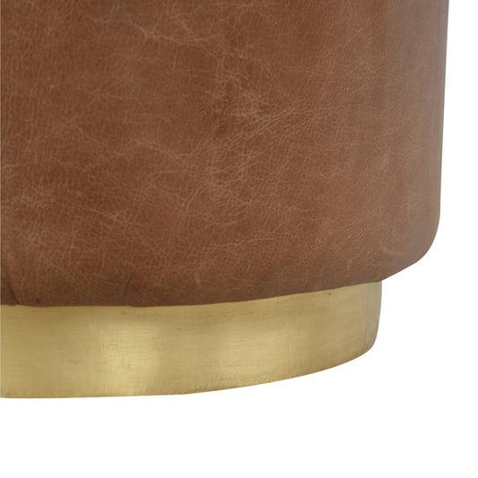 Texas Leather Footstool with Gold Base - Brown