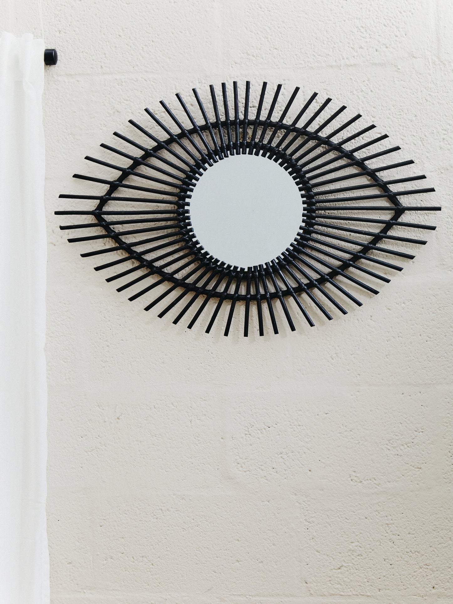 India Black Natural Rattan Eye Shape Wall Mirror
