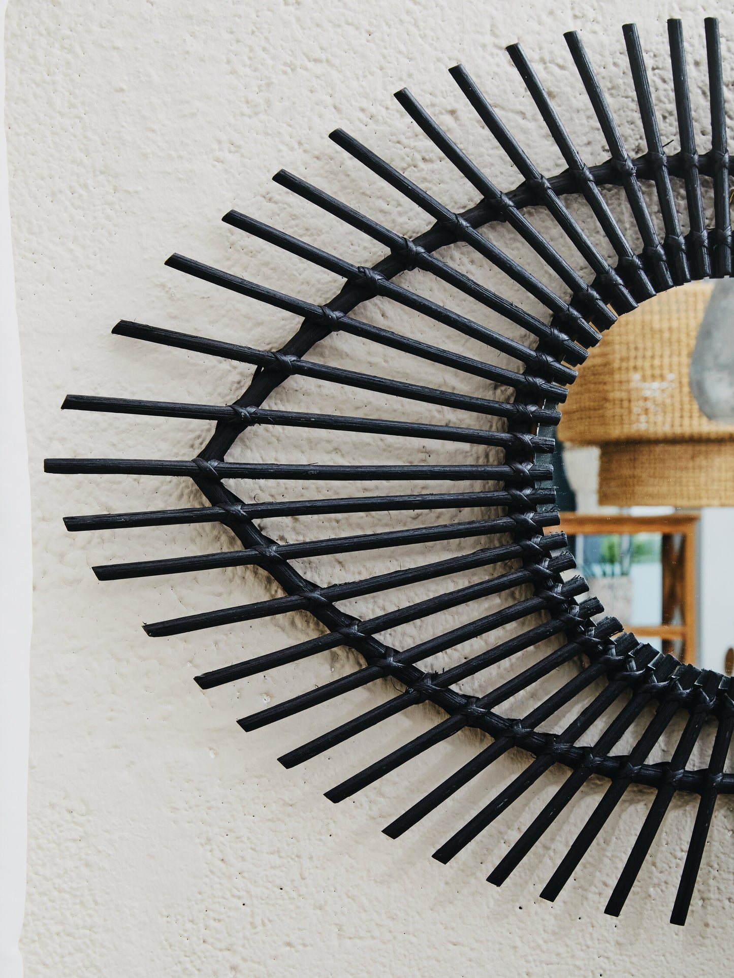 India Black Natural Rattan Eye Shape Wall Mirror