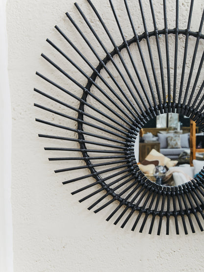 India Black Natural Rattan Wall Mirror