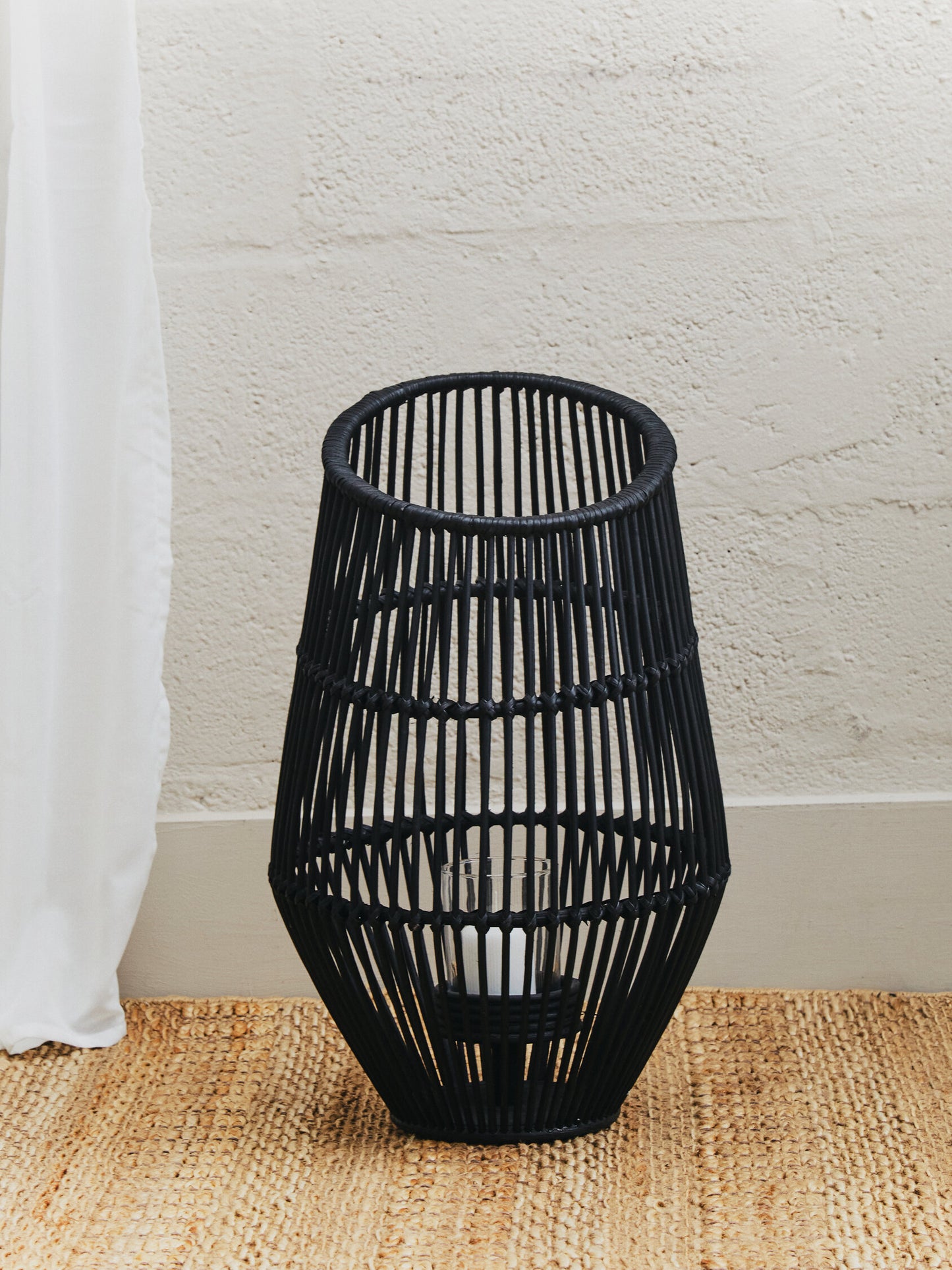 India Large Black Natural Rattan Lantern Candle Holder