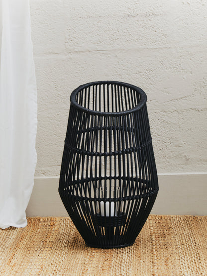 India Large Black Natural Rattan Lantern Candle Holder