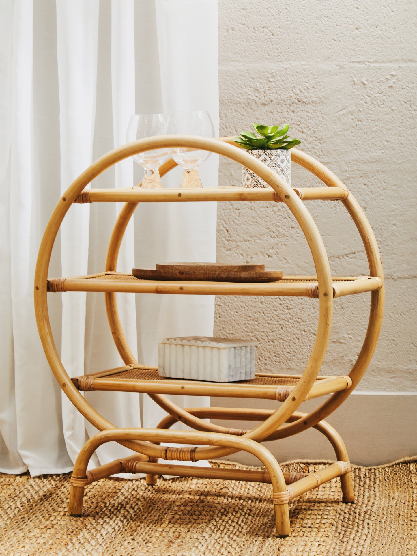India 3 Tier Natural Rattan Round Shelf Unit