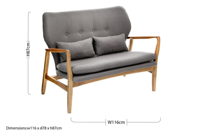 Mid-Century Grey 2 Seater Sofa with Birch Wood Frame