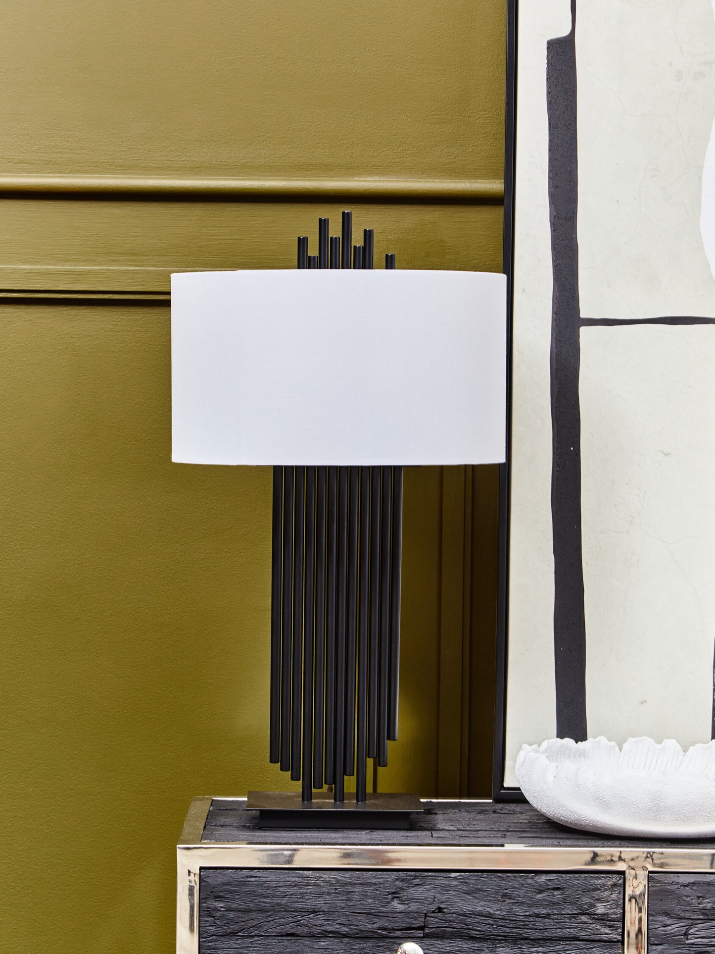 Mario Black Table Lamp with White Linen Shade