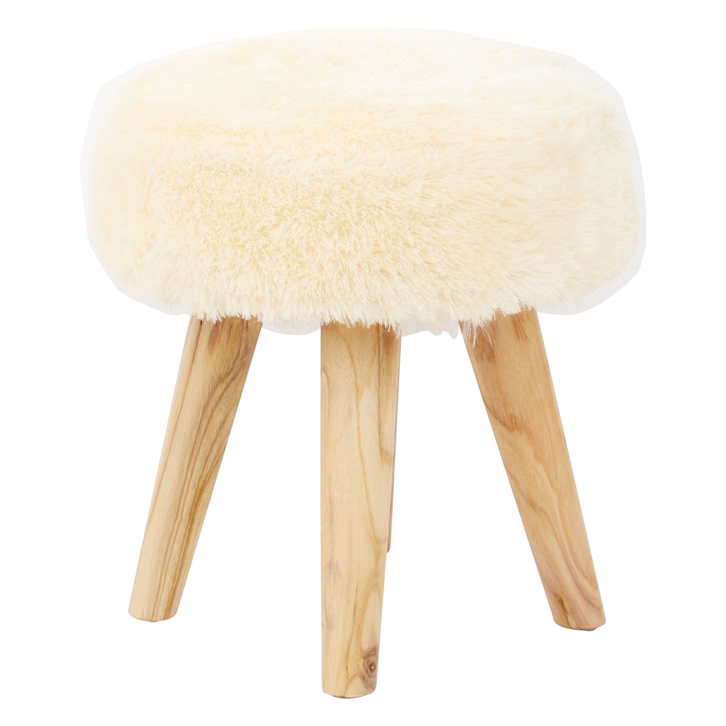 Nepal Cream Faux Fur and Teak Wood Low Stool